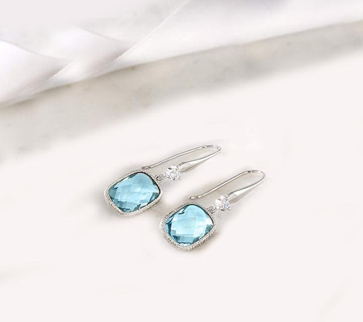 Blue Topaz Diamond Cut Drop Earrings 18K White Gold Plated