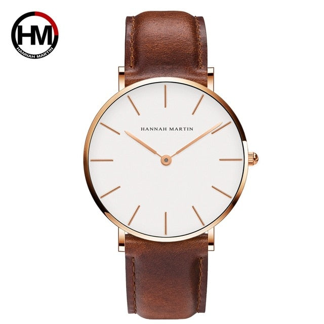 High Quality Rose Gold Dial Watch Leather Waterproof Wristwatch