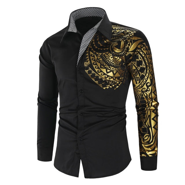 Men Luxury Gold Black Long Sleeve Shirt