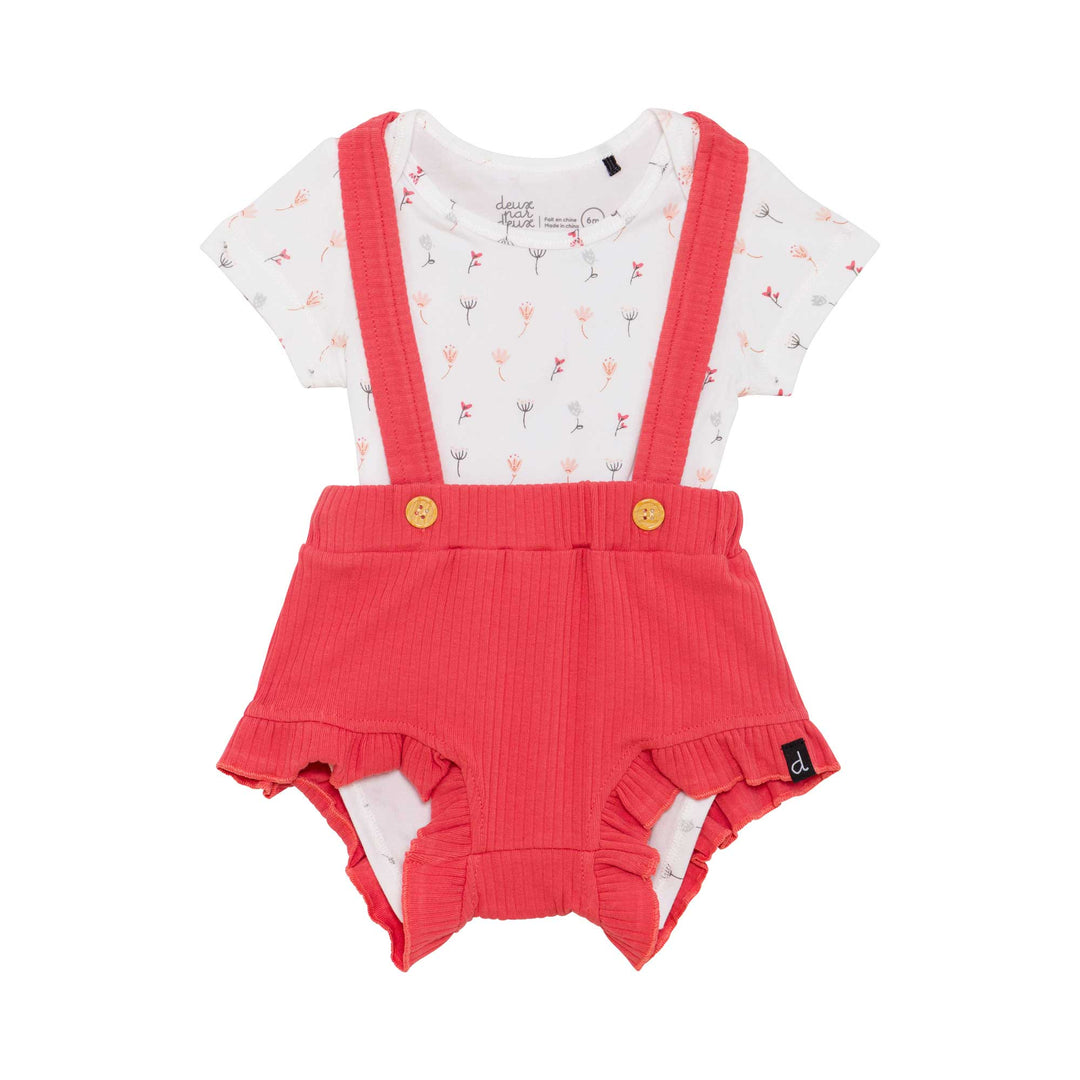 Organic Cotton Bodysuit and Bloomer with Straps Set Dark Coral and White