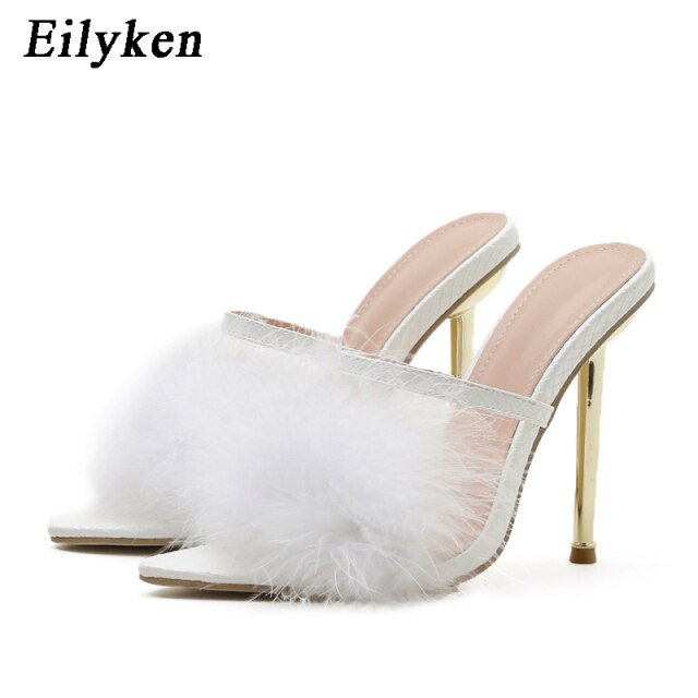 Women's Pointed Toe Furry Slippers Ladies Sandals