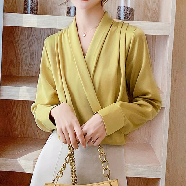 Elegant Satin Blouse Sexy V Neck  Long Sleeve