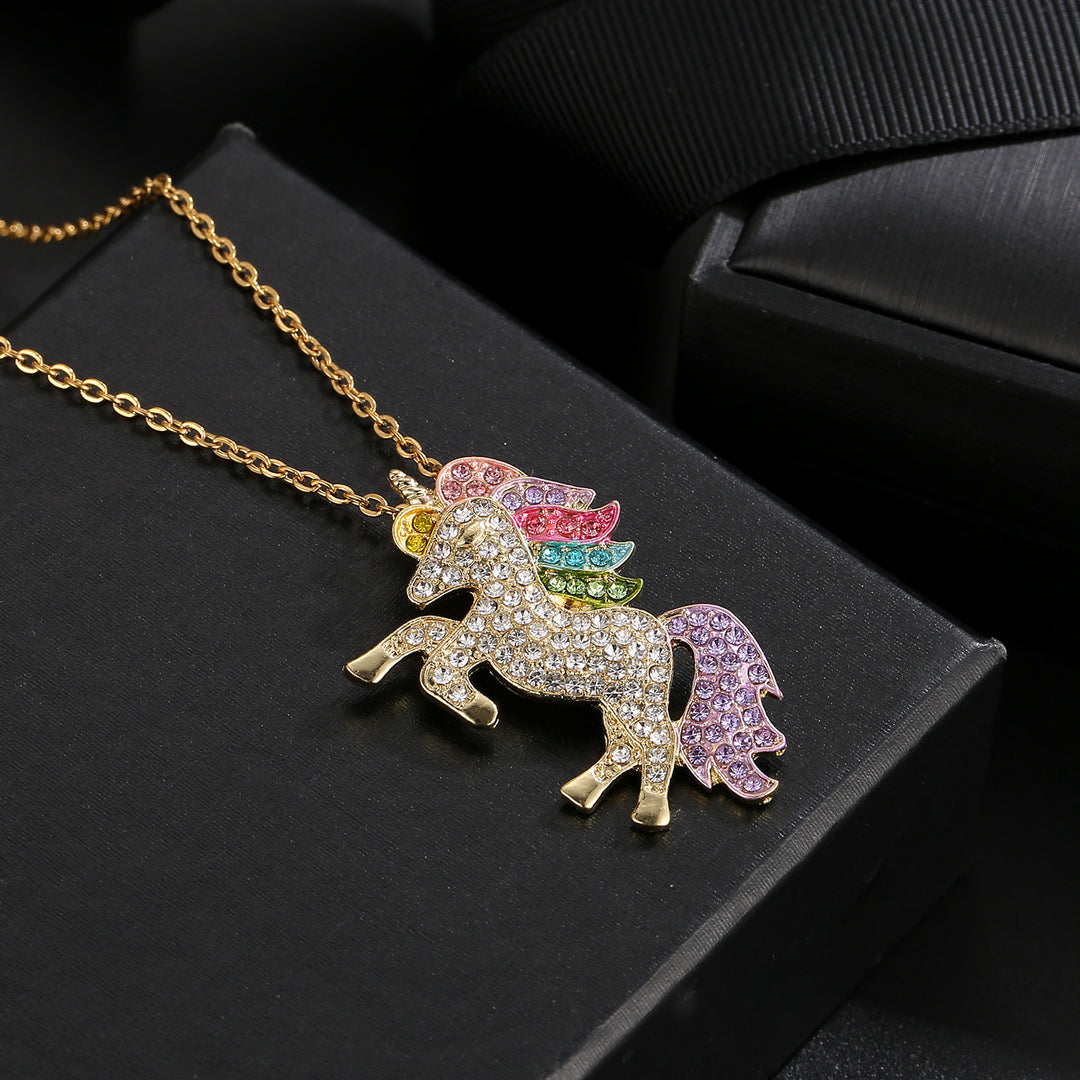 18K Gold Plated Magical Pony Unicorn Rainbow Pae Necklace