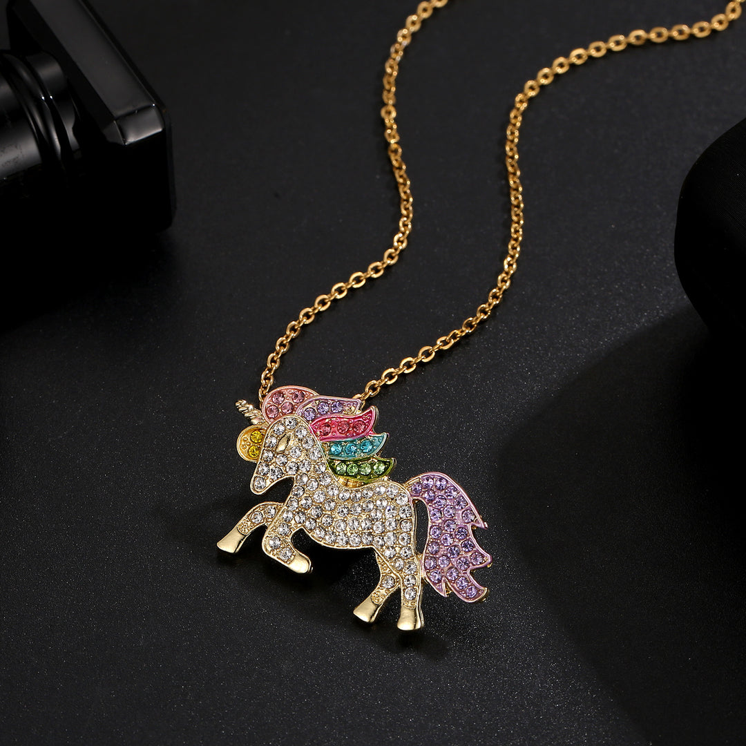 18K Gold Plated Magical Pony Unicorn Rainbow Pae Necklace