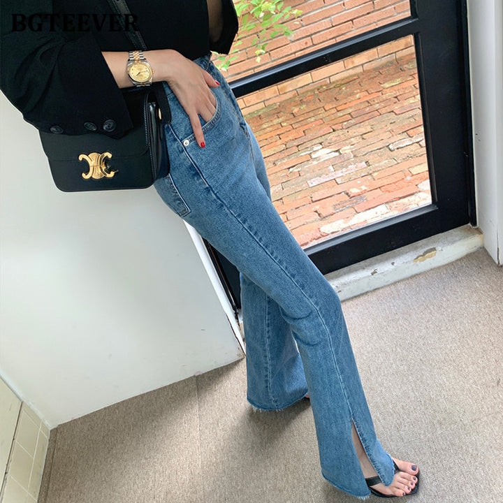 Fashion Women Double Button Flare Jeans
