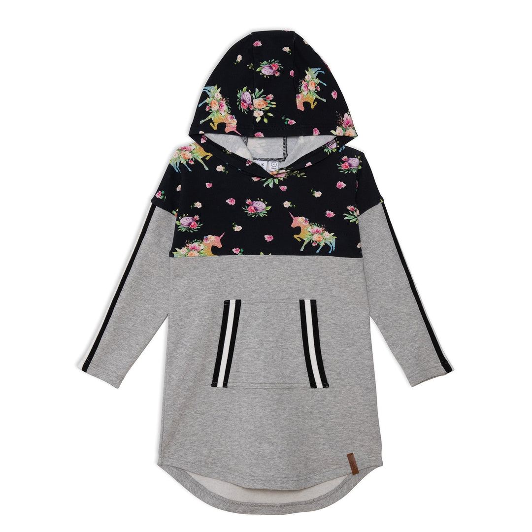 Hooded Long Sleeve Dress With Unicorn Print Light Grey Mix