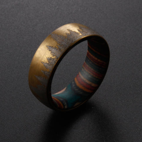 Bronze Etched Tree Line with Striped Wood Sleeve Tungsten Ring