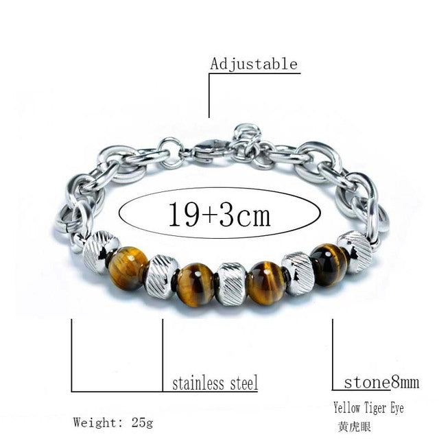 New Men's Adjustable Natural Stone Bead Stainless Steel Bracelet