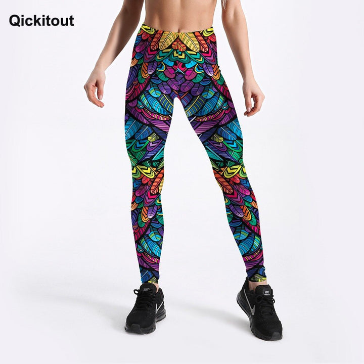 Qickitout Summer New Arriaval Color Feathers 3D Printed Women Fitness Activewear