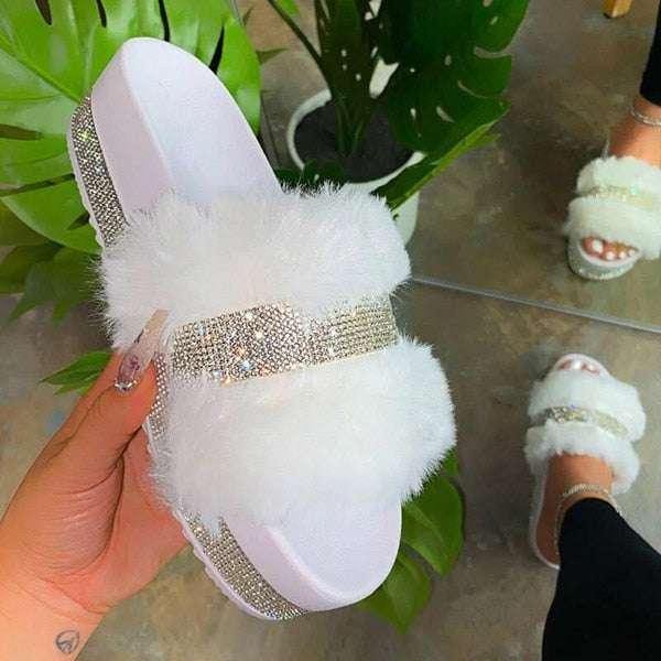 Luxury Designer Women Fur Rhinestone Slippers Platform Wedges Heel