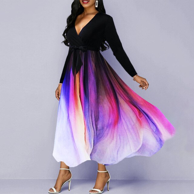 Rainbow Print Long Sleeve V-Neck Printed High Waist Maxi Dress