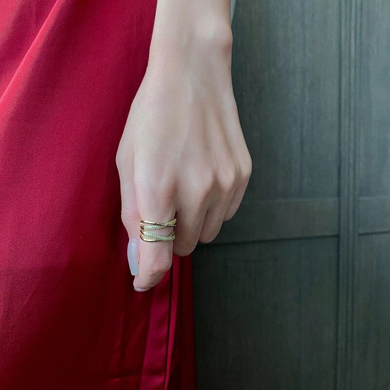 Fashion Geometry Metal Cross Opening Ring Micro-inlaid Zircon Open Ring for Women