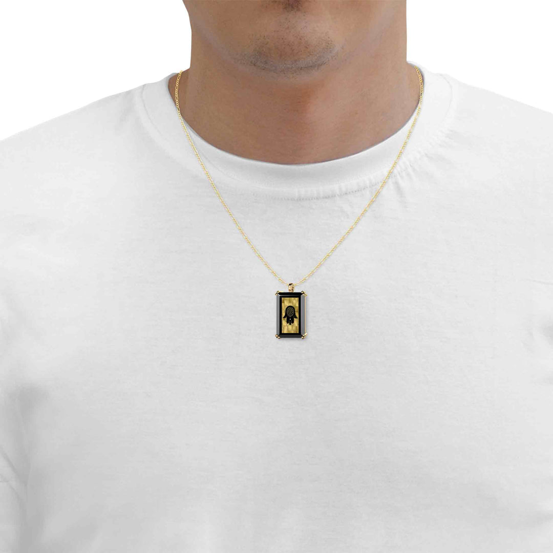 Men's Hamsa Necklace Pendant with Travelers Prayer 24k Gold Inscribed on Onyx