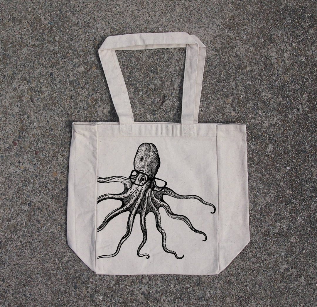 Octopus Wearing Glasses-Cotton Canvas Natural Tote Bag