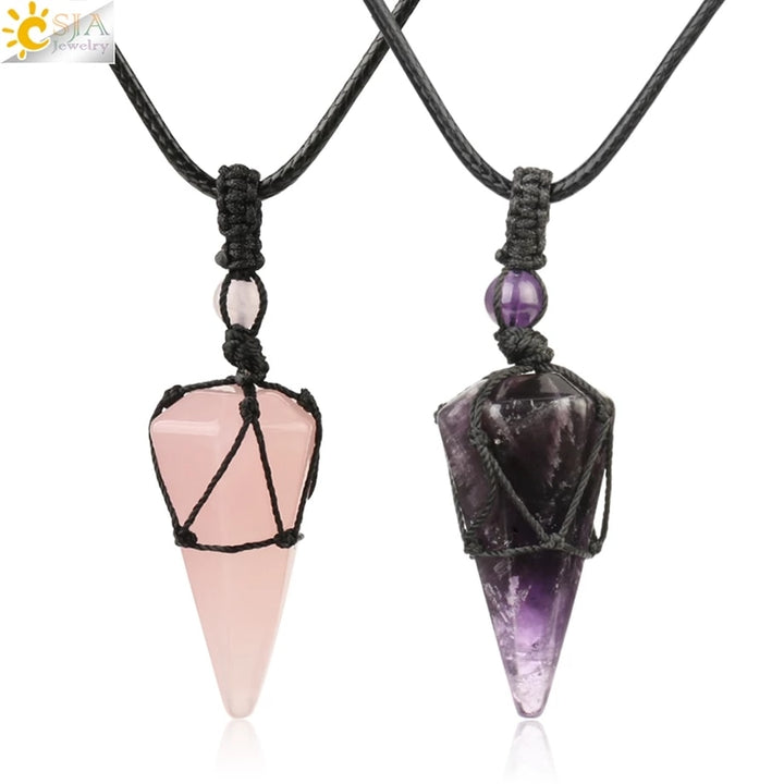 CSJA Natural Stone Cone Pendants Crystal Quartz Black Rope Wrapped Treatment Stones