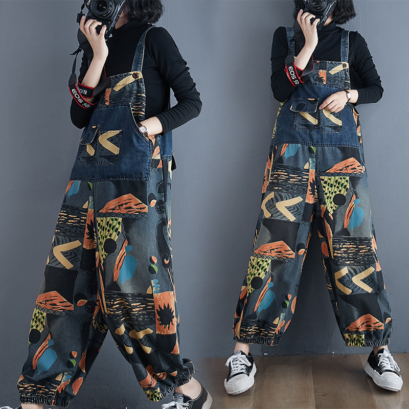 Abstract Print Denim Rompers