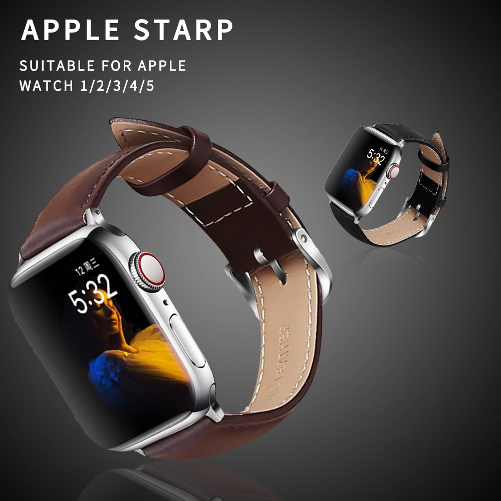 Men's Brown Leather Band Loop Strap For Apple Watch