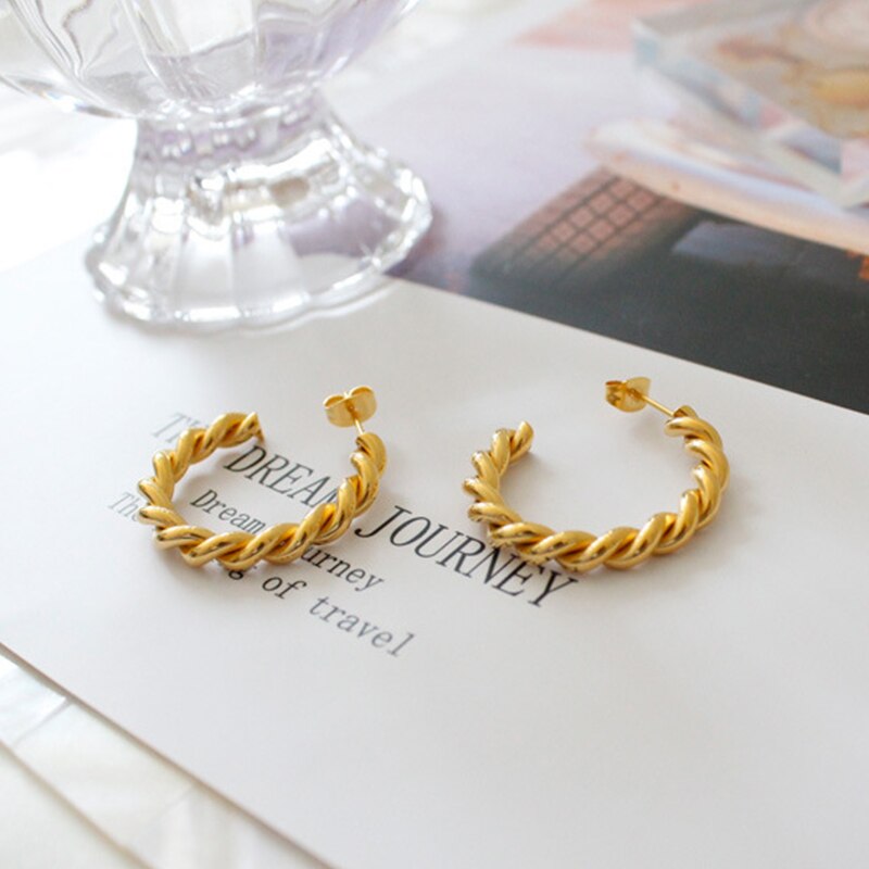 Chunky Twisted Hoop Earrings for Women 18K Gold Plated Thick Gold