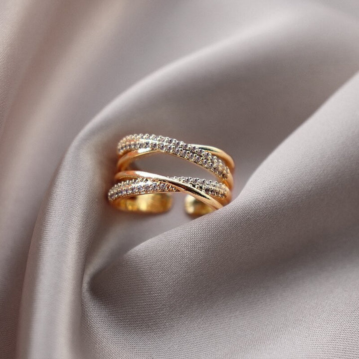 Fashion Geometry Metal Cross Opening Ring Micro-inlaid Zircon Open Ring for Women