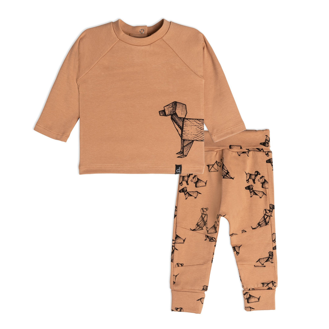 Organic Cotton Printed Dogs Top And Pant Set Brown
