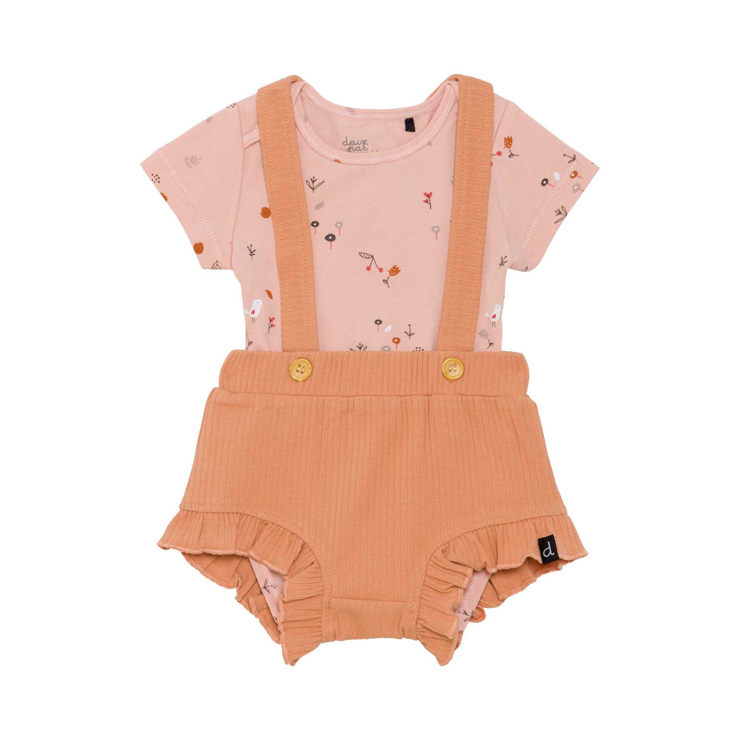 Organic Cotton Bodysuit and Bloomer with Straps Set Caramel and Pink