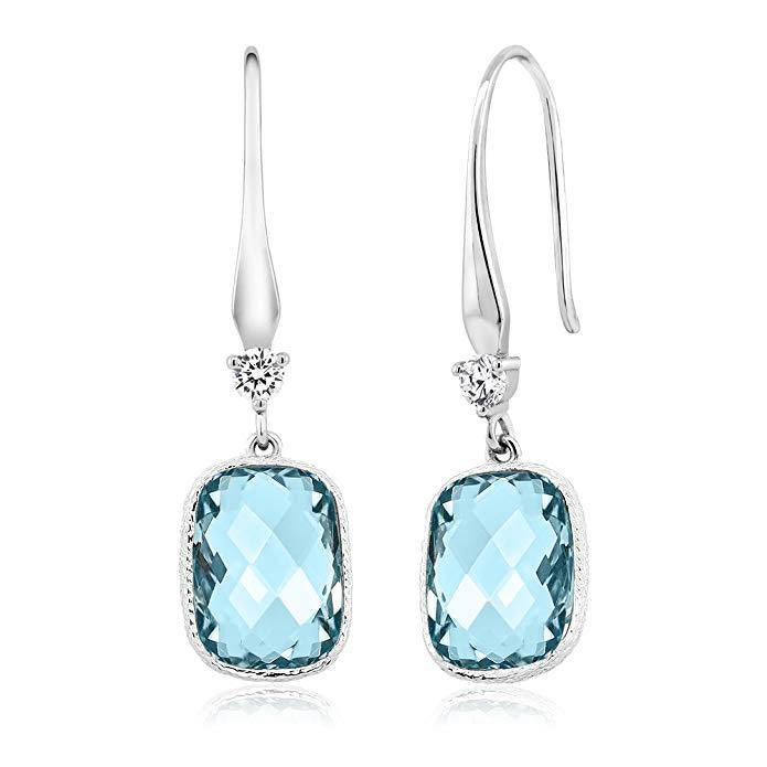 Blue Topaz Diamond Cut Drop Earrings 18K White Gold Plated