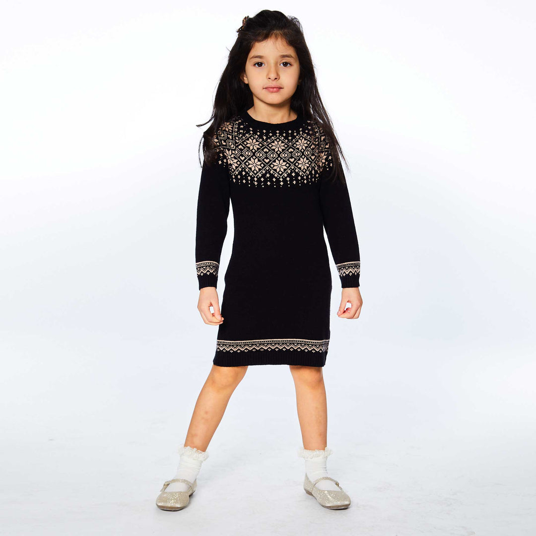 Jacquard Knitted Long Sleeve Dress Black