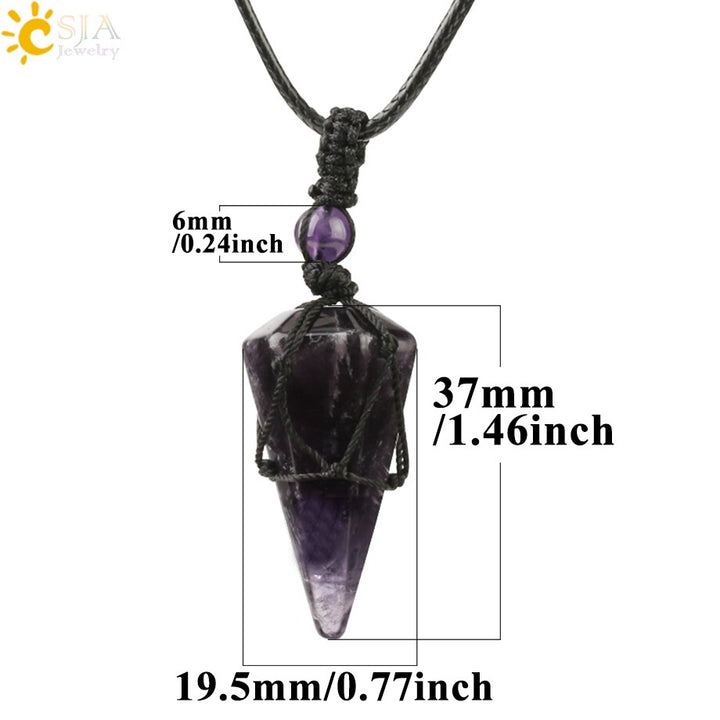 CSJA Natural Stone Cone Pendants Crystal Quartz Black Rope Wrapped Treatment Stones