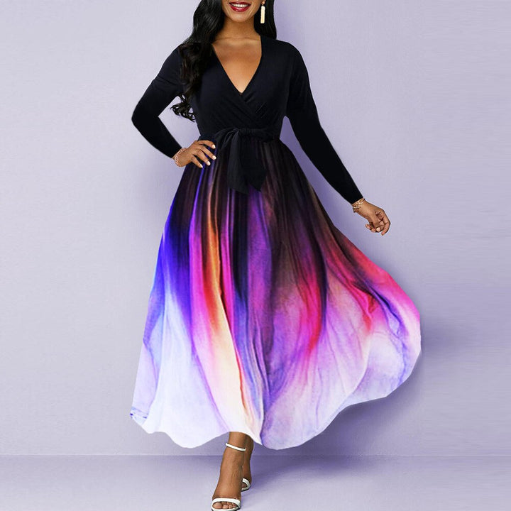 Rainbow Print Long Sleeve V-Neck Printed High Waist Maxi Dress