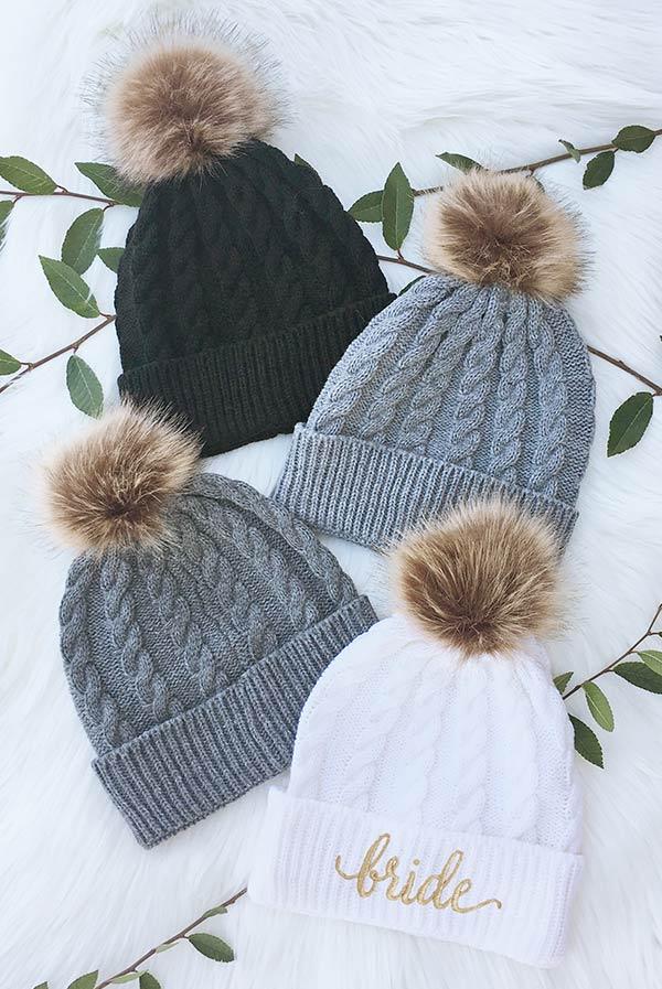 Bride and Bridesmaid Fluffy Pom Pom Beanies | Bachelorette Party Beanies