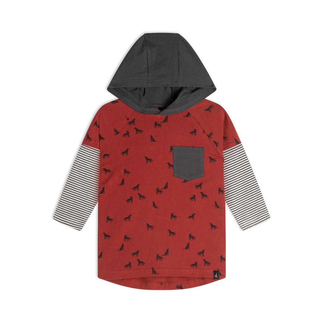 Double Raglan Sleeve Hooded Top With Wolves Print