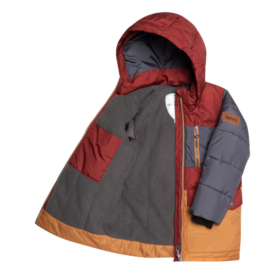 Tricolor Puffy Jacket Barn Red, Yellow And Dark Grey