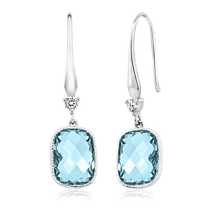 18k White Gold Plated Blue Topaz Diamond Cut Drop Earring