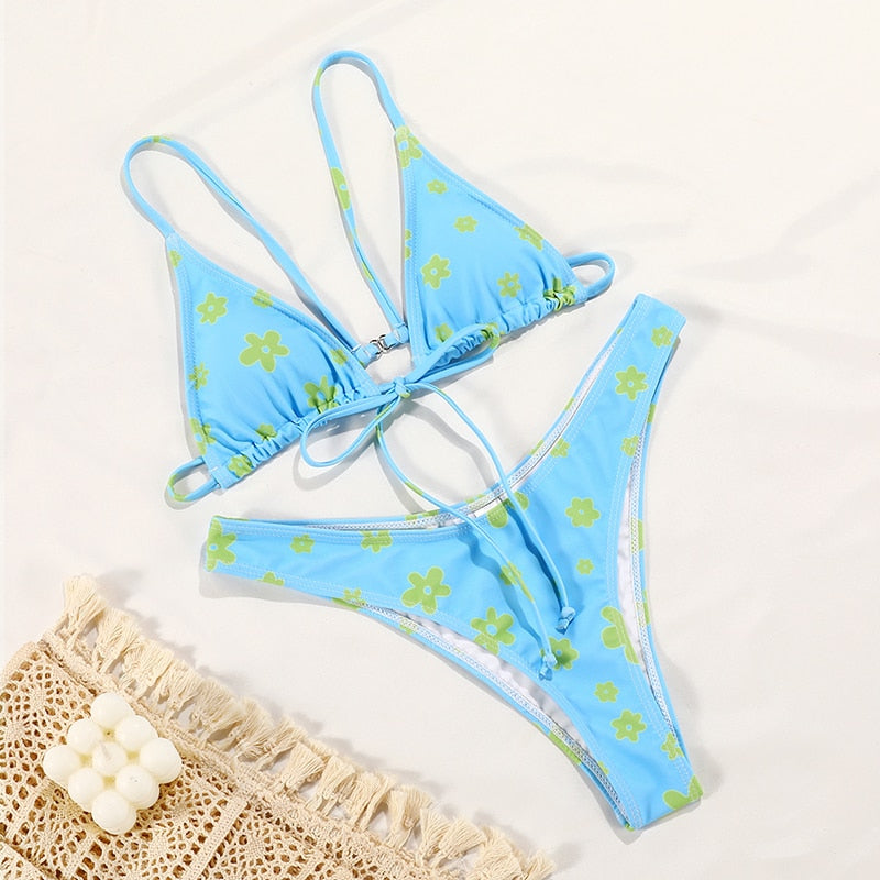 2 Piece Swimsuit Tassel Open Back Printing string Floral