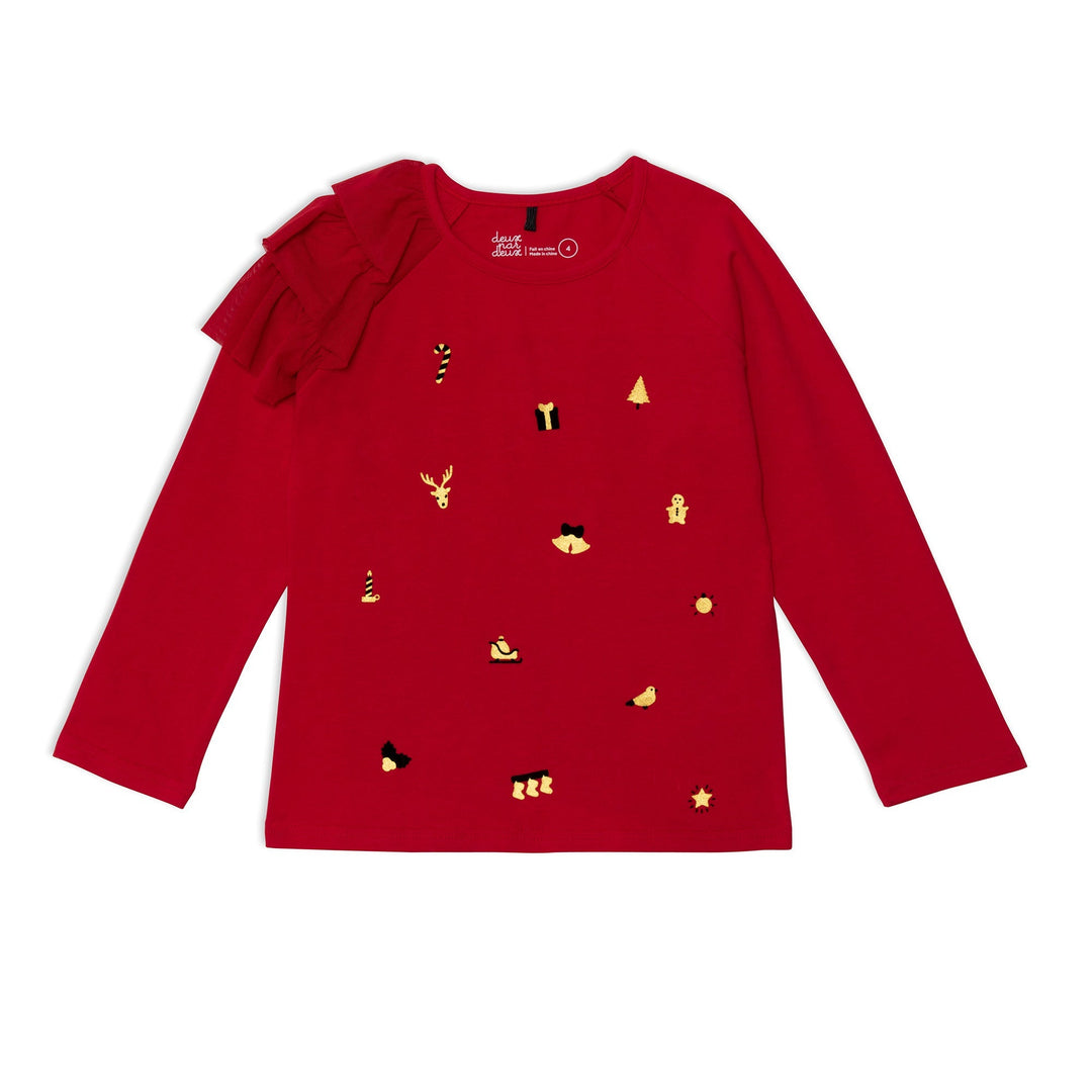 Long Sleeve Raglan Top With Frill Red