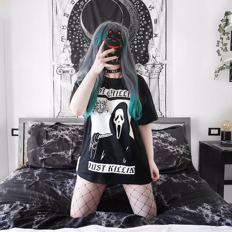 Gothic Dark Punk Loose Black T-shirts Women