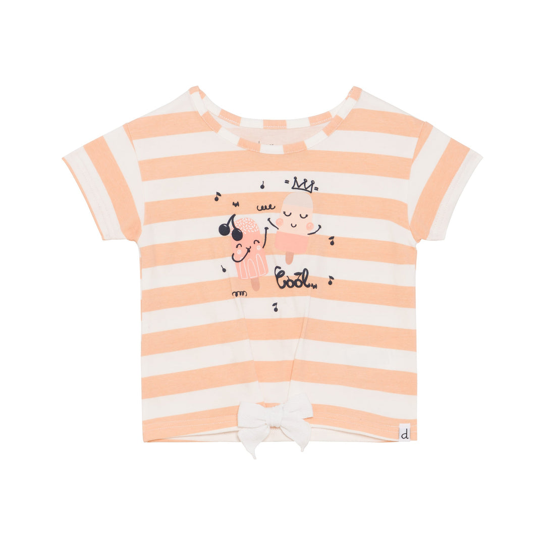 Organic Cotton Slub T-Shirt With Bow Printed Stripe Peach
