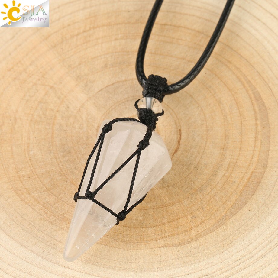 CSJA Natural Stone Cone Pendants Crystal Quartz Black Rope Wrapped Treatment Stones