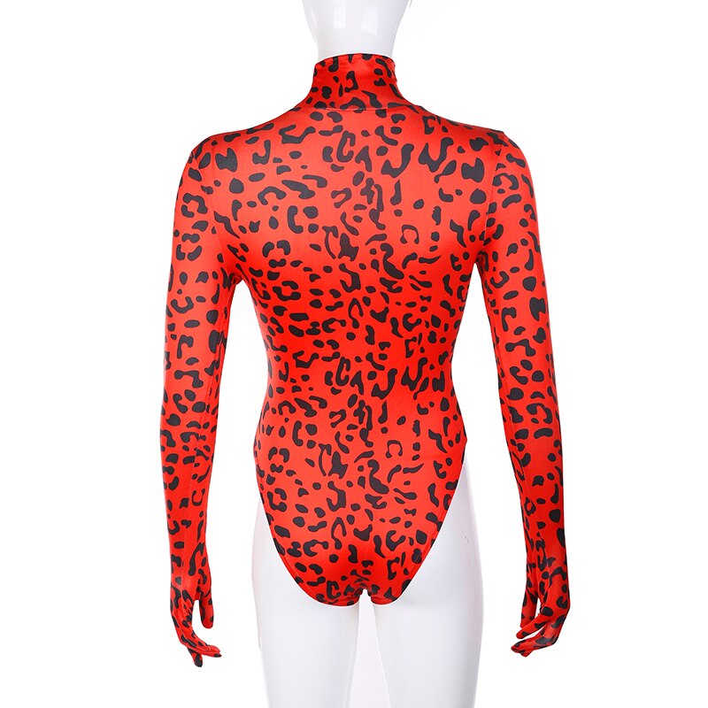 Darlingaga Fashion Red Leopard Print Turtleneck Bodysuit with Gloves