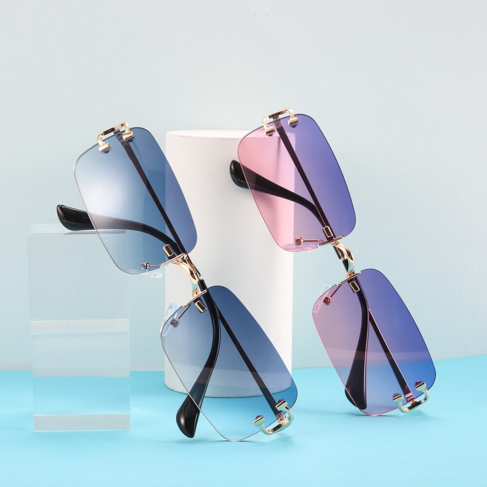 Blue rectangular sunglasses rimless