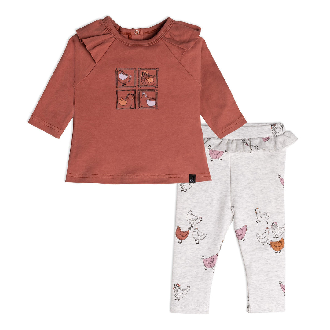 Organic Cotton Top And Pant Set Hen Print Rust And Beige