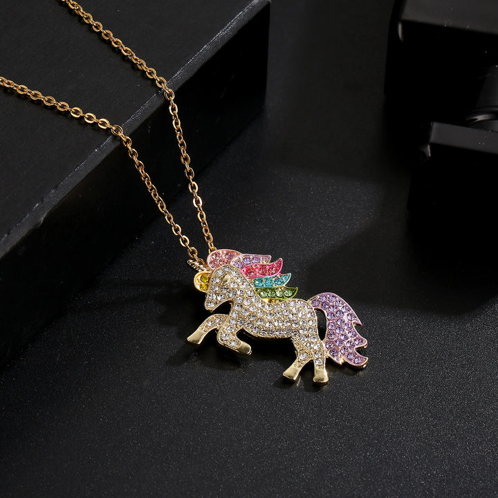 18K Gold Plated Magical Pony Unicorn Rainbow Pae Necklace