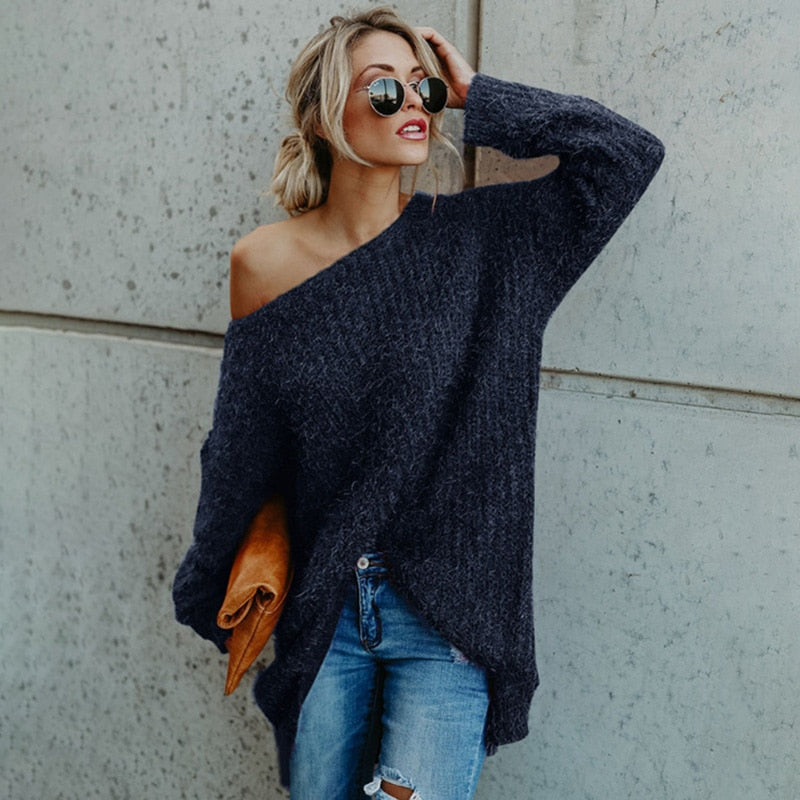 Hot Women Autumn Winter One Shoulder Sweater Plus Size Loose Fit