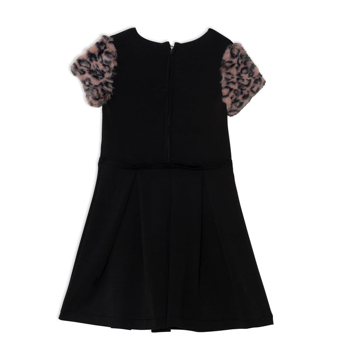 Short Sleeve Fake Fur Dress Black Animal Print