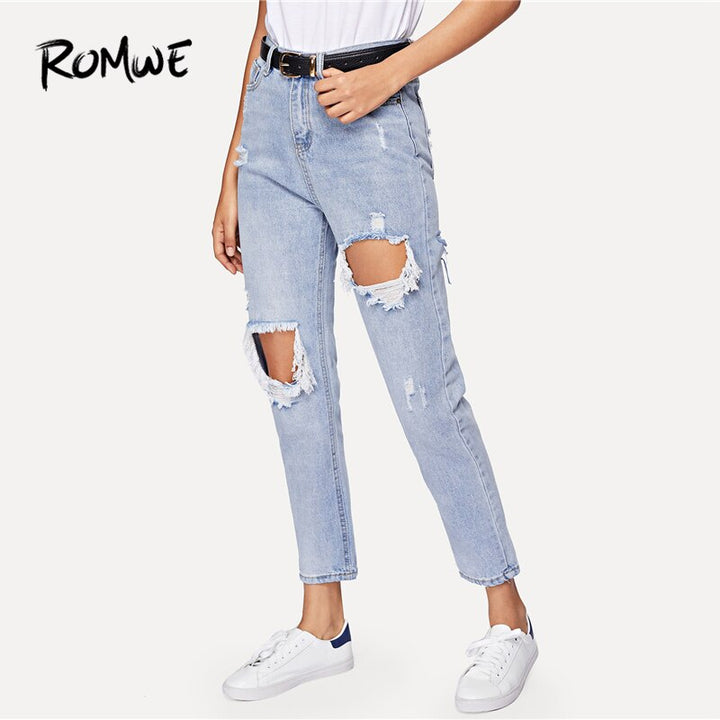 Woman Cut Out Ripped Jeans