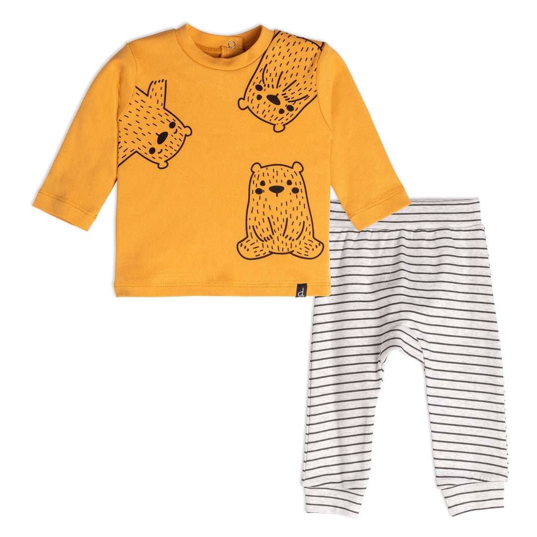 Organic Cotton Striped Top And Pant Set Yellow And Heather Beige