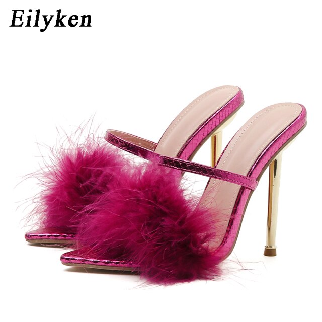 Women's Pointed Toe Furry Slippers Ladies Sandals