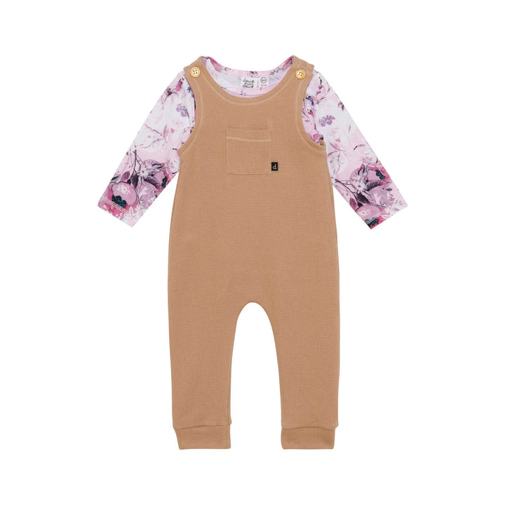 Organic Cotton Bodysuit and Waffle Overall Set Floral Pink and Taupe