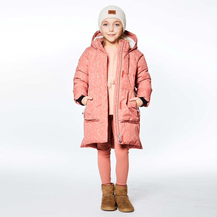 Puffy Long Coat Pink With White Flowers Print