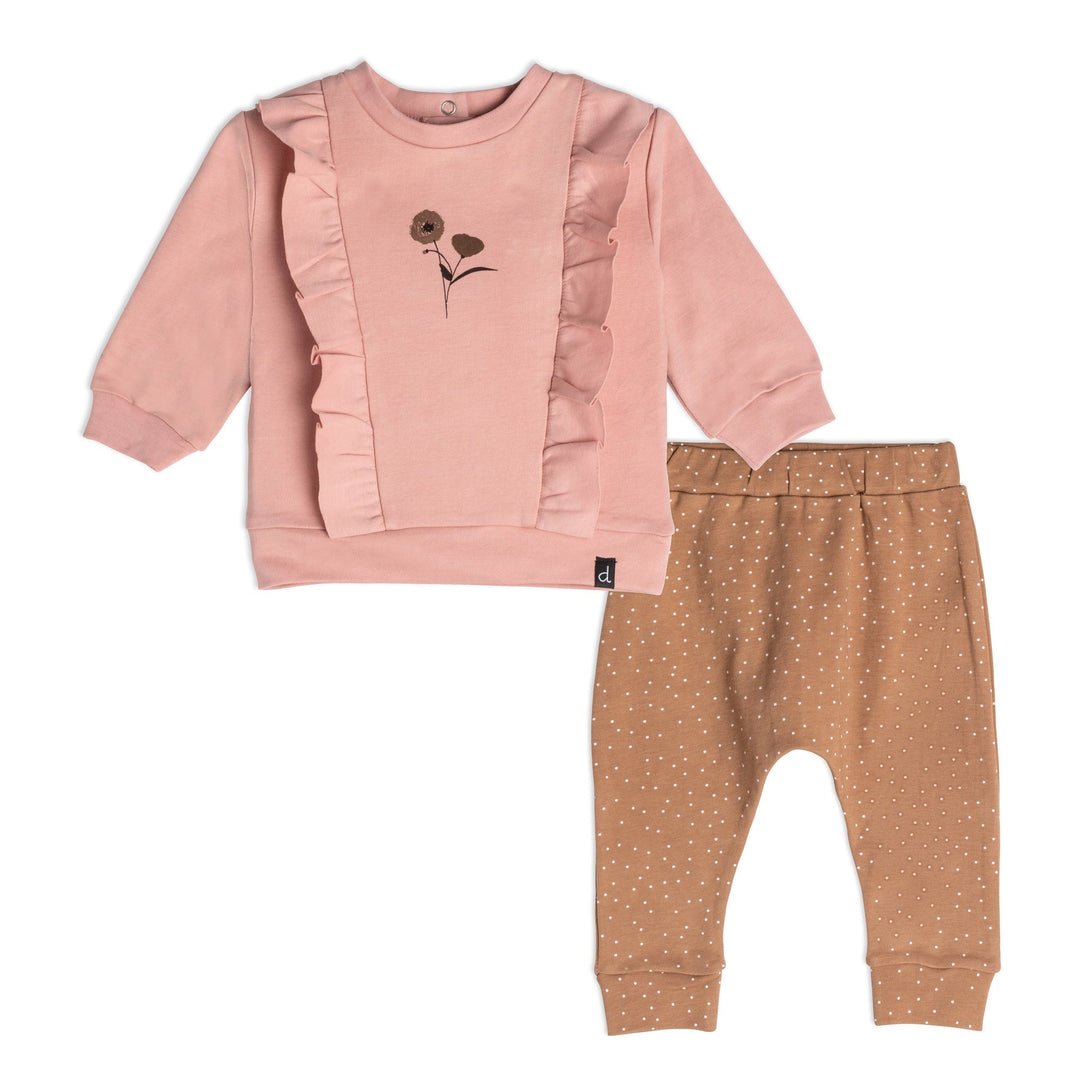 Organic Cotton Top And Pant Set With Ruffles Dusty Pink